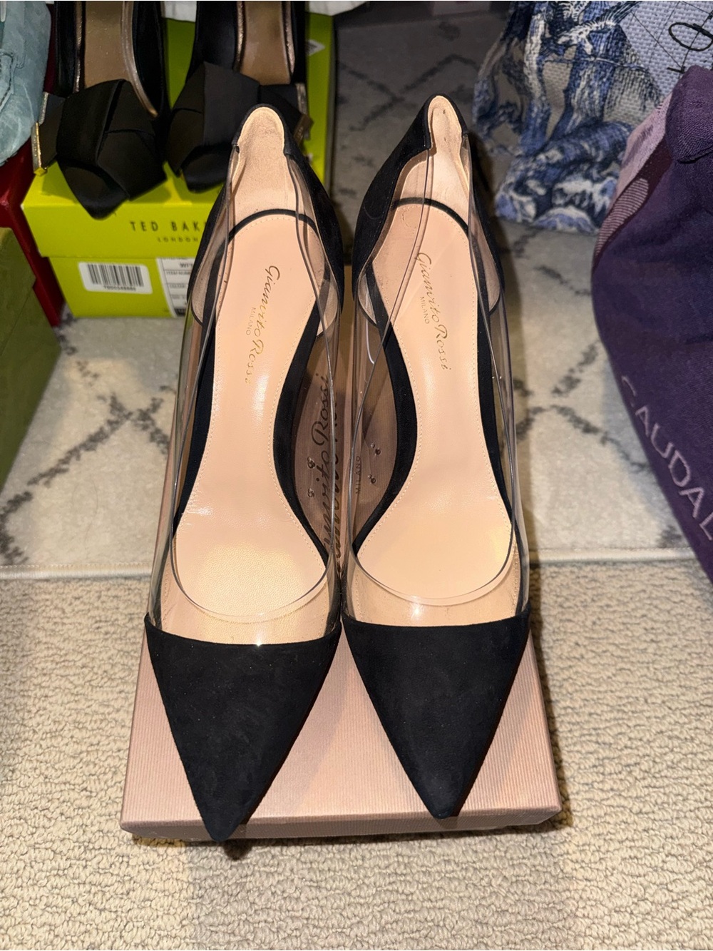 Gianvito Rossi Black Pointed Suede & Clear Slingback Pumps